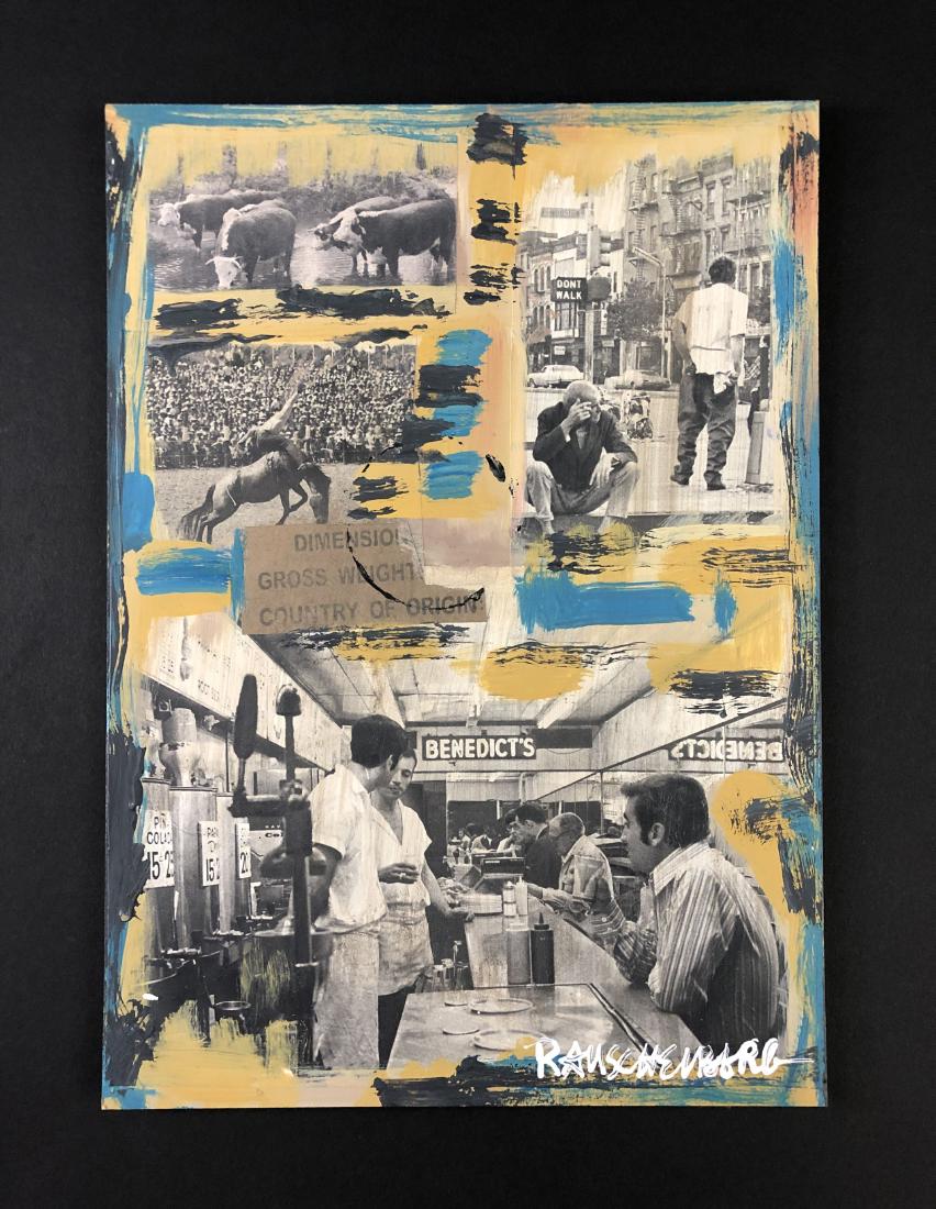 Robert Rauschenberg (1925-2008) -- Collage: This lot consists of a hand-made mixed media collage on board, attributed to Robert Rauschenberg (American, 1925-2008). "Rauschenberg" is hand written at lower right. This busy image depicts several r