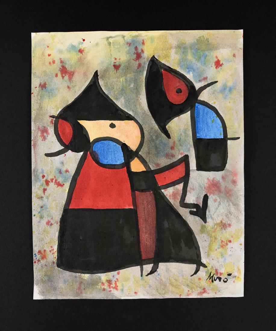 Joan Miro (Spanish, 1893-1983) -- Hand Painted Gouache: This lot consists of a gouache composition on wove paper, attributed to Joan Miro (Spanish, 1893-1983). This image depicts A vibrant, birdlike figure. Hand inscription reads "Miro" at bottom right. Th