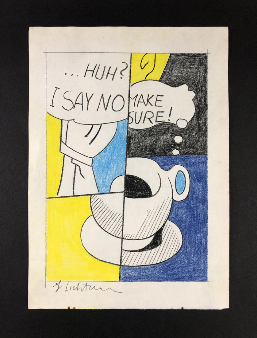 Roy Lichtenstein (1923-1997) - Colored Pencil on Paper: This lot consists of a colored pencil illustration on paper, attributed to Roy Lichtenstein (American, 1923-1997). Hand inscription at bottom left reads, "Roy Lichtenstein". This Pop Art image depicts