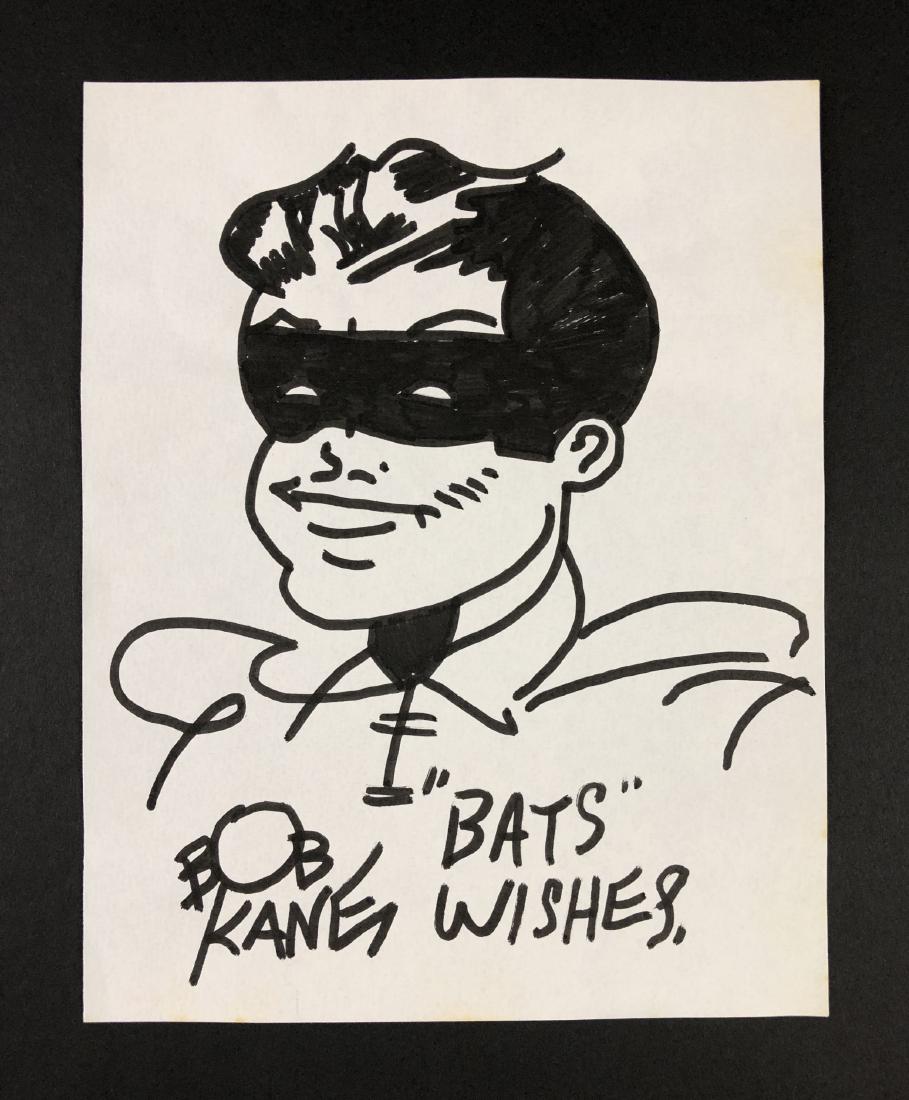 Bob Kane (American, 1915 - 1998) - Ink Drawing: This lot consists of a hand drawn ink illustration on paper, attributed to the DC Comics artist Bob Kane (American, 1915-1998). "BOB KANE" is hand written at bottom left. To the right of the signature