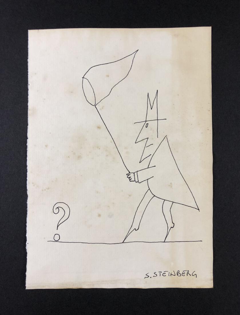 Saul Steinberg (1914 -1999) -- Ink Drawing: This lot consists of a hand drawn ink illustration on paper, attributed to Saul Steinberg (Romanian-born / American, 1914 -1999). ''Steinberg'' is hand written in lower right. Zig-zagging lines come t
