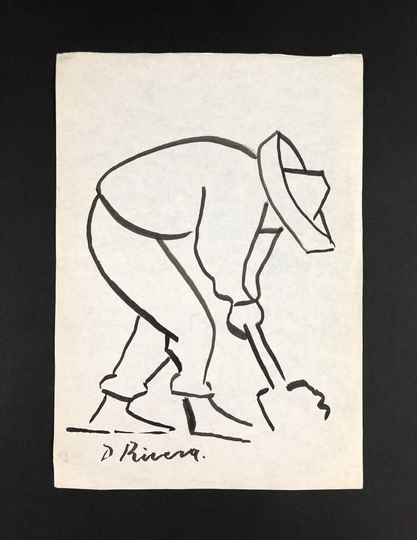 Diego Rivera (1886-1957) -- Ink on Paper: This lot consists of an ink drawing on paper, attributed to Diego Rivera (Mexican, 1886-1957). Social realist image depicts a laborer bent over while shoveling in his bare feet and a wide-brimmed sun
