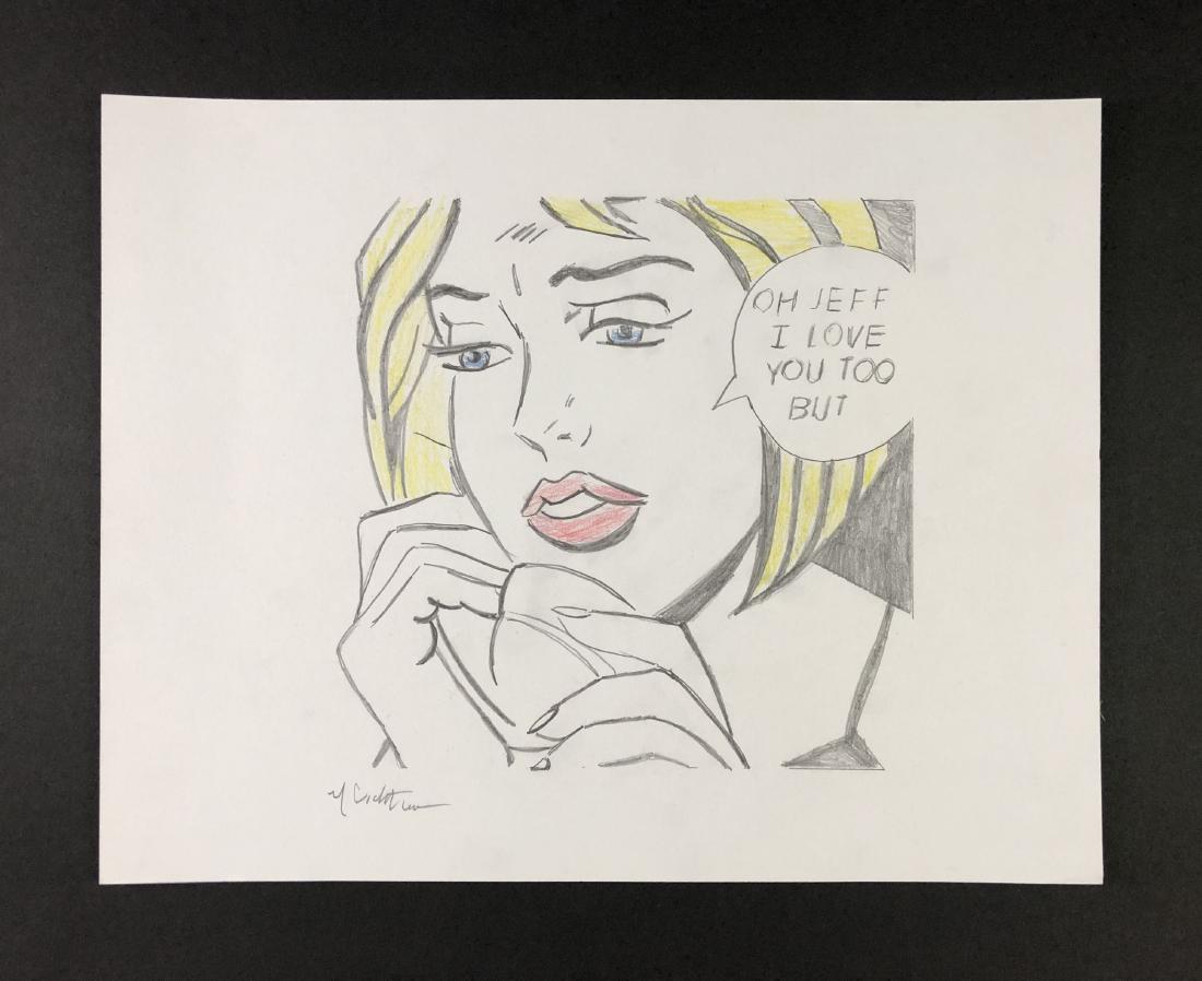 Roy Lichtenstein (1923 -1997) - Mixed Media Drawing: This lot consists of a mixed media (colored pencil, graphite) illustration on heavy paper, attributed to modern cartoon pop artist Roy Lichtenstein (American, 1923-1997). "Roy Lichtenstein" is hand wr