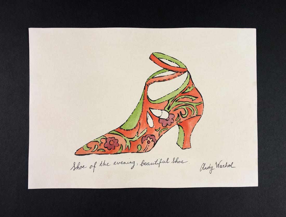 Andy Warhol (1928-1987) â€“ Mixed Media on Paper: This lot consists of a mixed media (ink and watercolor) on paper, attributed to Andy Warhol (American, 1928-1987). This Pop Art image depicts a orange ladies shoe with green vines and maroon flowers, 