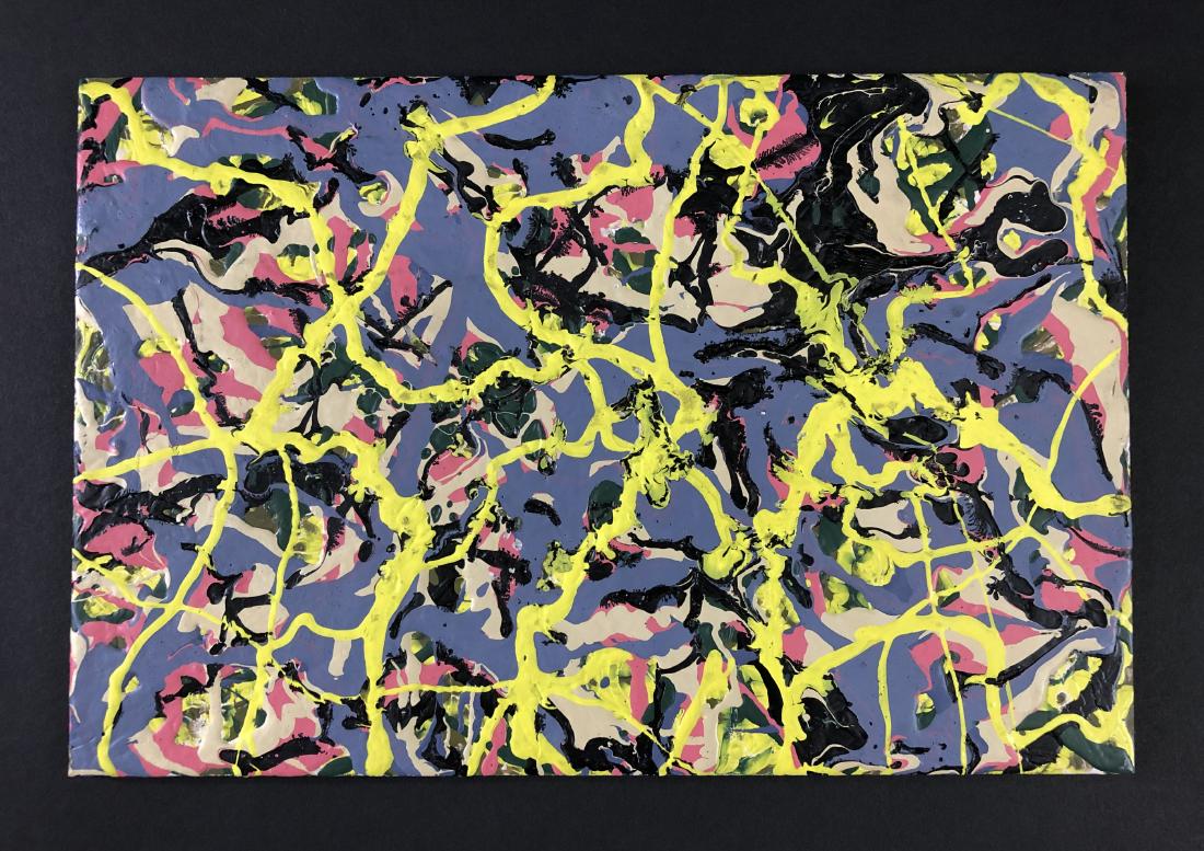 Jackson Pollock (American, 1912-1956) -- Drip Painting: This lot consists of a hand rendered acrylic drip painting on board, attributed to modern artist Jackson Pollock (American, 1912-1956). "J. Pollock" is handwritten en verso. Churning waves of slatey-p