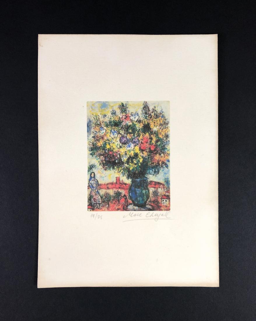 Marc Chagall (1887 -1985) -- Fine Art Print #17/75: This lot consists of a fine art print on paper, attributed to Marc Chagall (Russian-French, 1887-1985). This expressionist image depicts A large bouquet of roses, mimosa and other flowers over flow fr