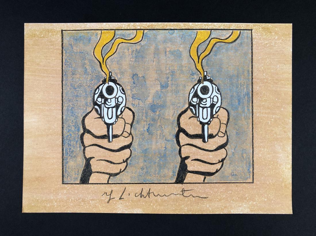 Roy Lichtenstein (1923 -1997) - Mixed Media Drawing: This lot consists of a mixed media (colored pencil, gouache) illustration on paper, attributed to modern cartoon pop artist Roy Lichtenstein (American, 1923-1997). "Roy Lichtenstein" is hand written a