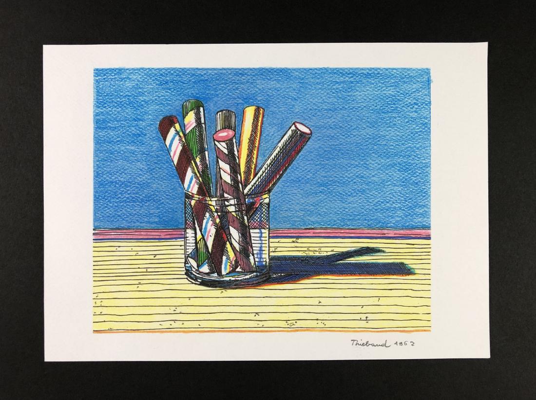 Wayne Thiebaud (born 1920 -) -- Mixed Media Drawing: This lot consists of a hand-drawn colored pencil and ink illustration on paper, attributed to modern artist Wayne Thiebaud (American, 1920 -). "Thiebaud" is hand written in graphite at bottom. To the