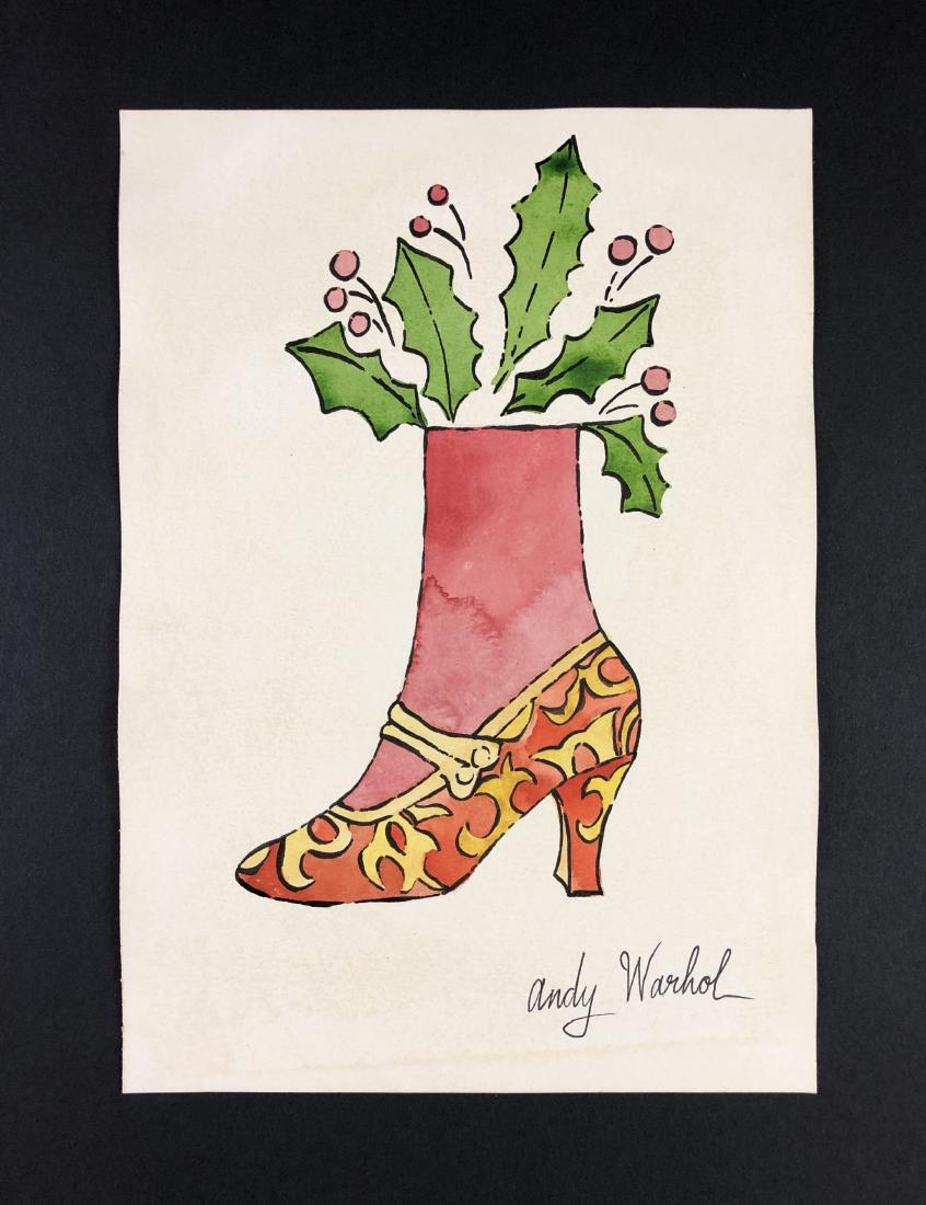 Andy Warhol (1928-1987) â€“ Mixed Media on Paper: This lot consists of a mixed media (ink and watercolor) on paper, attributed to Andy Warhol (American, 1928-1987). This Pop Art image depicts a red ladies shoe with gold accents and a red stocking wit
