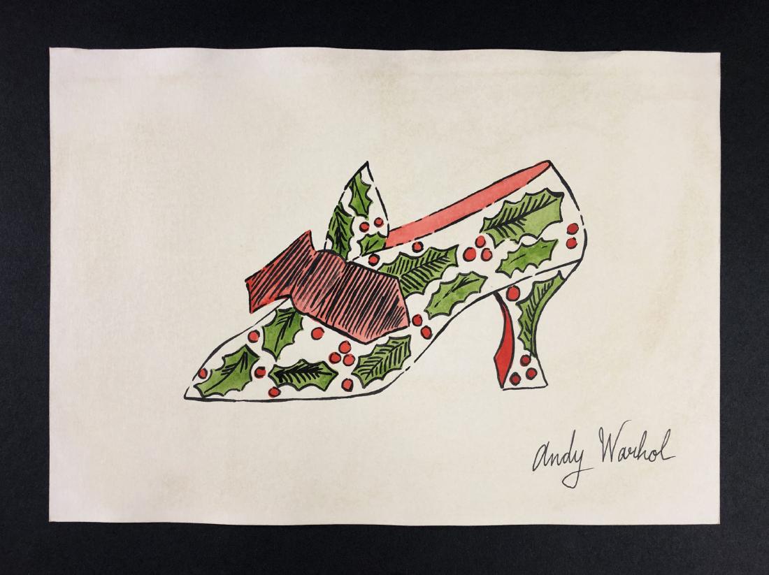 Andy Warhol (1928-1987) â€“ Mixed Media on Paper: This lot consists of a mixed media (ink and watercolor) on paper, attributed to Andy Warhol (American, 1928-1987). This Pop Art image depicts a ladies shoe with patterned with holly leaves and berries
