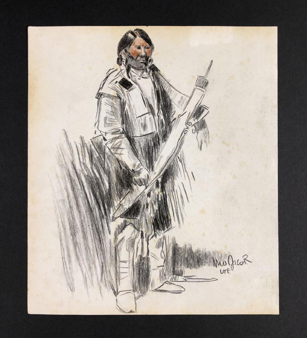 Ned Jacob (American, born 1938) -- Hand Drawing: This lot consists of a hand drawn colored pencil illustration on paper, attributed to the western genre artist Ned Jacob (American, born 1938). "Ned Jacob" is hand written at bottom right. Under the s