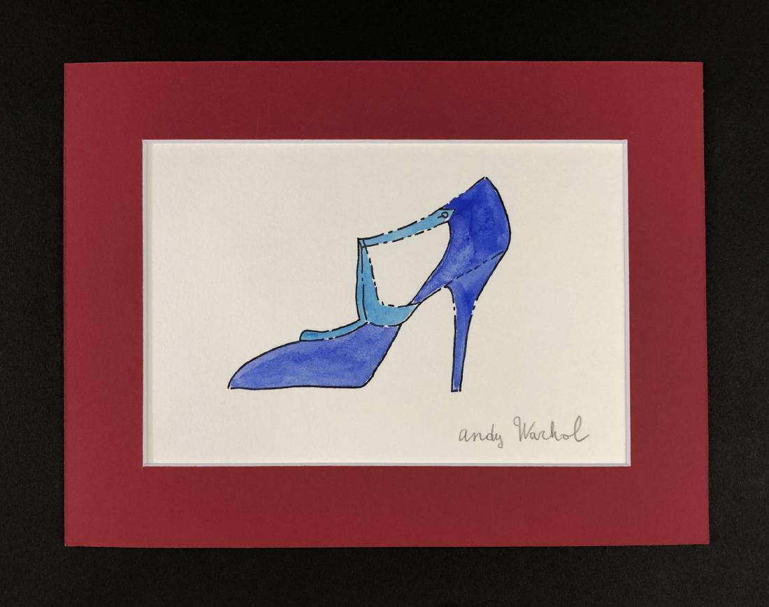 Andy Warhol (American, 1928-1987) â€“ Mixed Media on: This lot consists of a mixed media (ink and watercolor) on paper, attributed to Andy Warhol (American, 1928-1987). Hand inscription at bottom reads, "Andy Warhol". This Pop Art image depicts a blue, h
