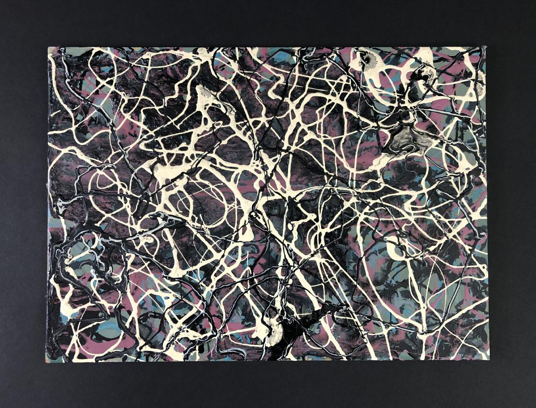 Jackson Pollock (1912 -1956) -- Acrylic on Board: This lot consists of an acrylic drip painting on board, attributed to Jackson Pollock (American, 1912-1956). Abstract expressionist image is a drip and pour painting in a pallet of yellows, black, ora