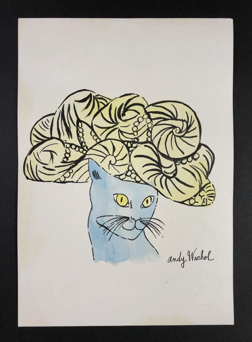 Andy Warhol (1928-1987) â€“ Mixed Media on Paper: This lot consists of a mixed media (ink and watercolor) on paper, attributed to Andy Warhol (American, 1928-1987). This Pop Art image depicts a blue cat with a green eyes wearing a large elaborate gre