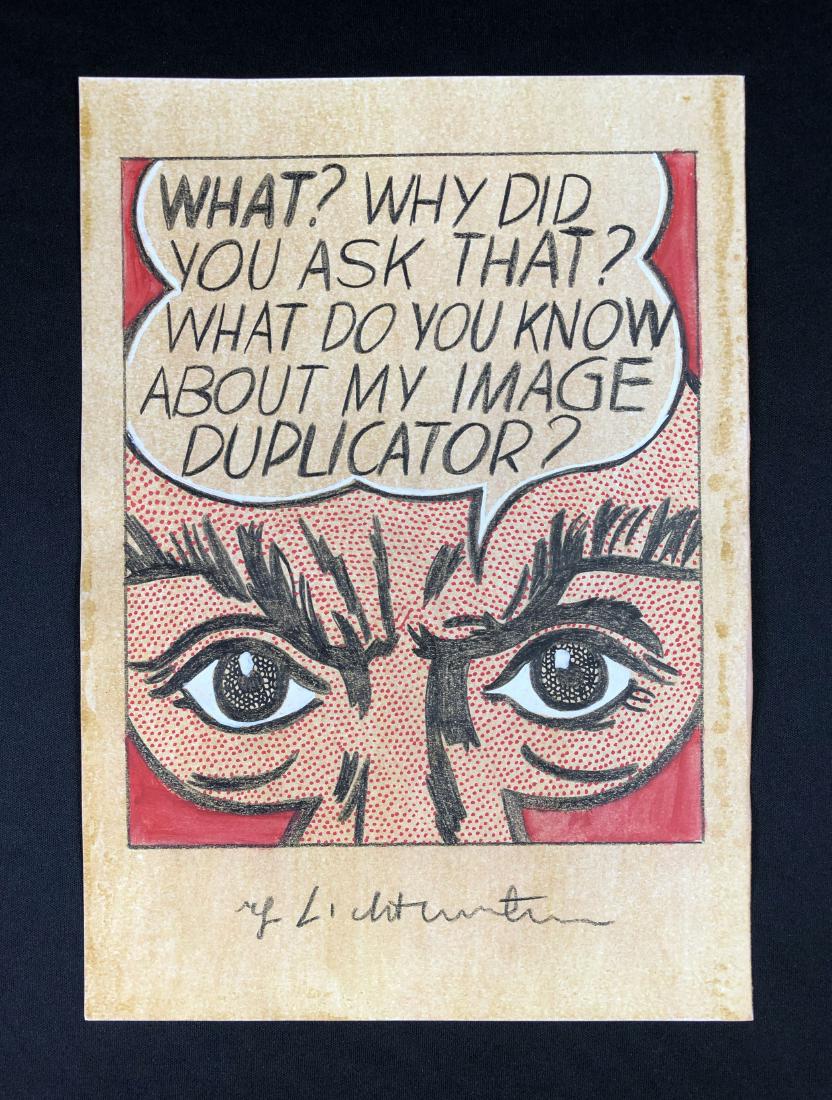 Roy Lichtenstein (American, 1923-1997) -- Mixed Media: This lot consists of a mixed media (colored pencil and watercolor) on paper, "Roy Lichtenstein" at bottom. Image depicts a glaring set of eyes, brows furrowed and shaded with neat, 'comic book' stippl