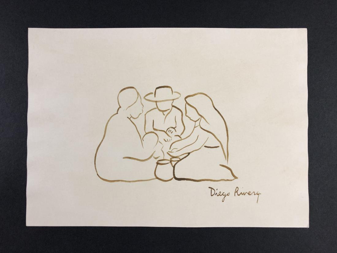 Diego Rivera (1886 -1957) - Watercolor Painting: This lot consists of a watercolor painting on heavy paper, attributed to modern cubist Diego Rivera (Mexican,1886 -1957). Hand inscription at bottom reads, "Diego Rivera". Image depicts three individu