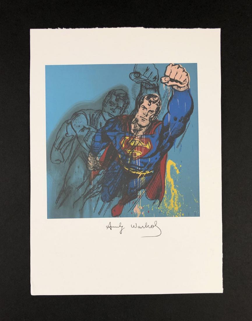 Andy Warhol (1928-1987) â€“ Fine art Print on Paper: This lot consists of a fine art print on wove paper, attributed to Andy Warhol (American, 1928-1987). This Pop art image depicts Superman flying with one fist forward. Hand inscription below reads "An