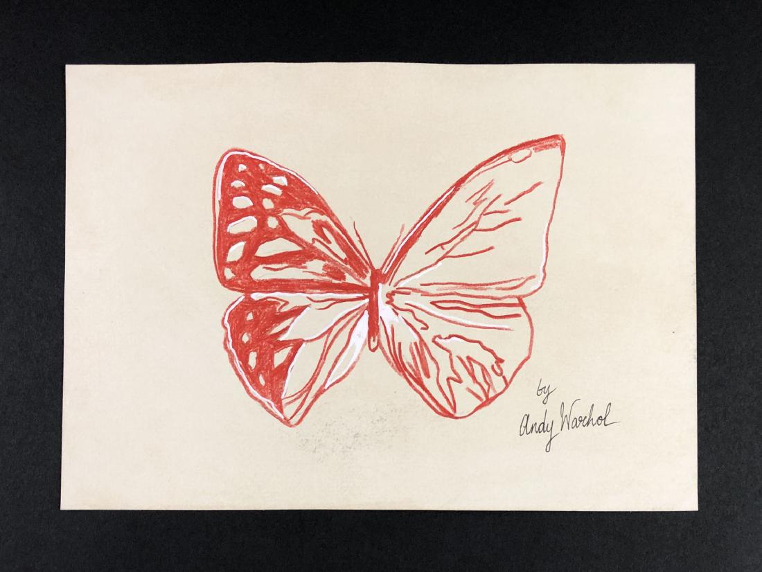 Andy Warhol (1928-1987) â€“ Mixed Media on Paper: This lot consists of a mixed media (ink and watercolor) on paper, attributed to Andy Warhol (American, 1928-1987). This Pop art image depicts a red butterfly. Hand inscription below reads "Andy Warhol