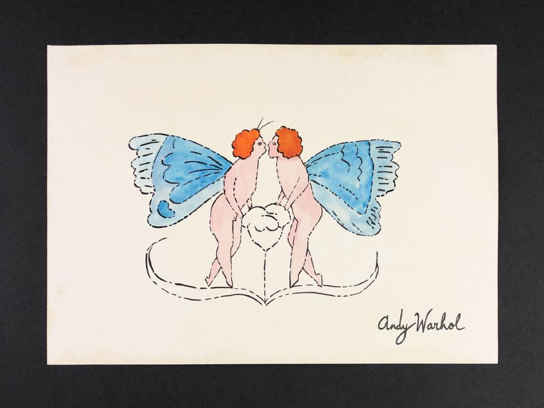 Andy Warhol (1928-1987) â€“ Mixed Media on Paper: This lot consists of a mixed media (ink and watercolor) on paper, attributed to Andy Warhol (American, 1928-1987). This early Pop Art image depicts two nude cherubesque fairies with butterfly wings, f