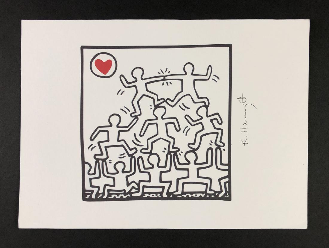 Keith Haring (American, 1958 - 1990) -- Fine Art Print: This lot consists of a hand inscribed fine art print, attributed to the pop-modern graffiti artist Keith Haring (American, 1958-1990). "K. Haring" is hand written at right. Next to the signature is th