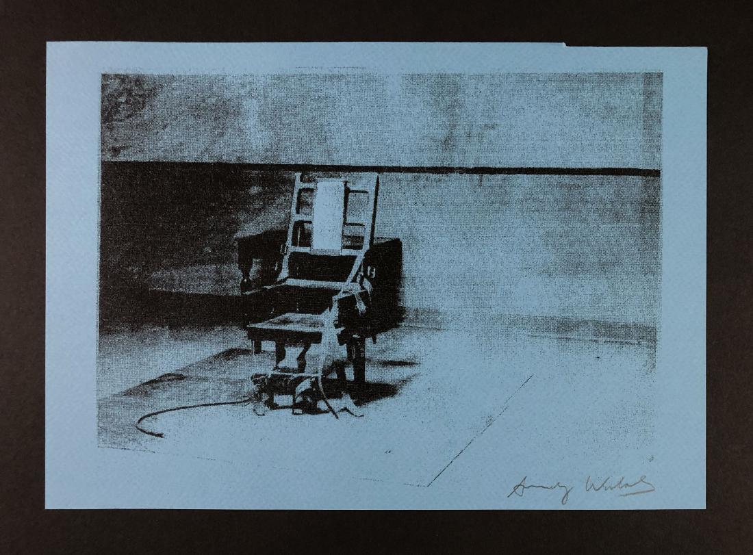 Andy Warhol (1928-1987) â€“ Fine art Print on Paper: This lot consists of a fine art print on blue wove paper, attributed to Andy Warhol (American, 1928-1987). This Pop art image depicts the Electric Chair. Hand inscription below reads "Andy Warhol". St