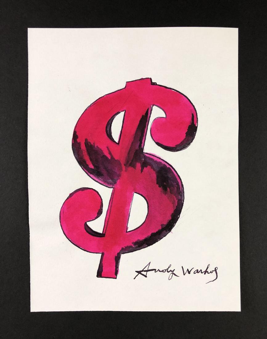 Andy Warhol (1928-1987) â€“ Mixed Media on Paper: This lot consists of a mixed media (ink and watercolor) on paper, attributed to Andy Warhol (American, 1928-1987). This Pop art image depicts a purple dollar sign. Hand inscription below reads "Andy W