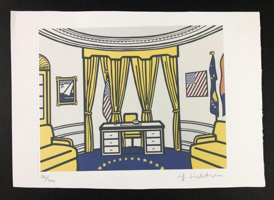 Roy Lichtenstein (1923-1997) - Fine Art Print on Paper: This lot consists of a fine art print on paper, attributed to Roy Lichtenstein (American, 1923-1997). numbered at bottom, in graphite handwriting, "26/100. Roy Lichtenstein." This Pop Art image depict