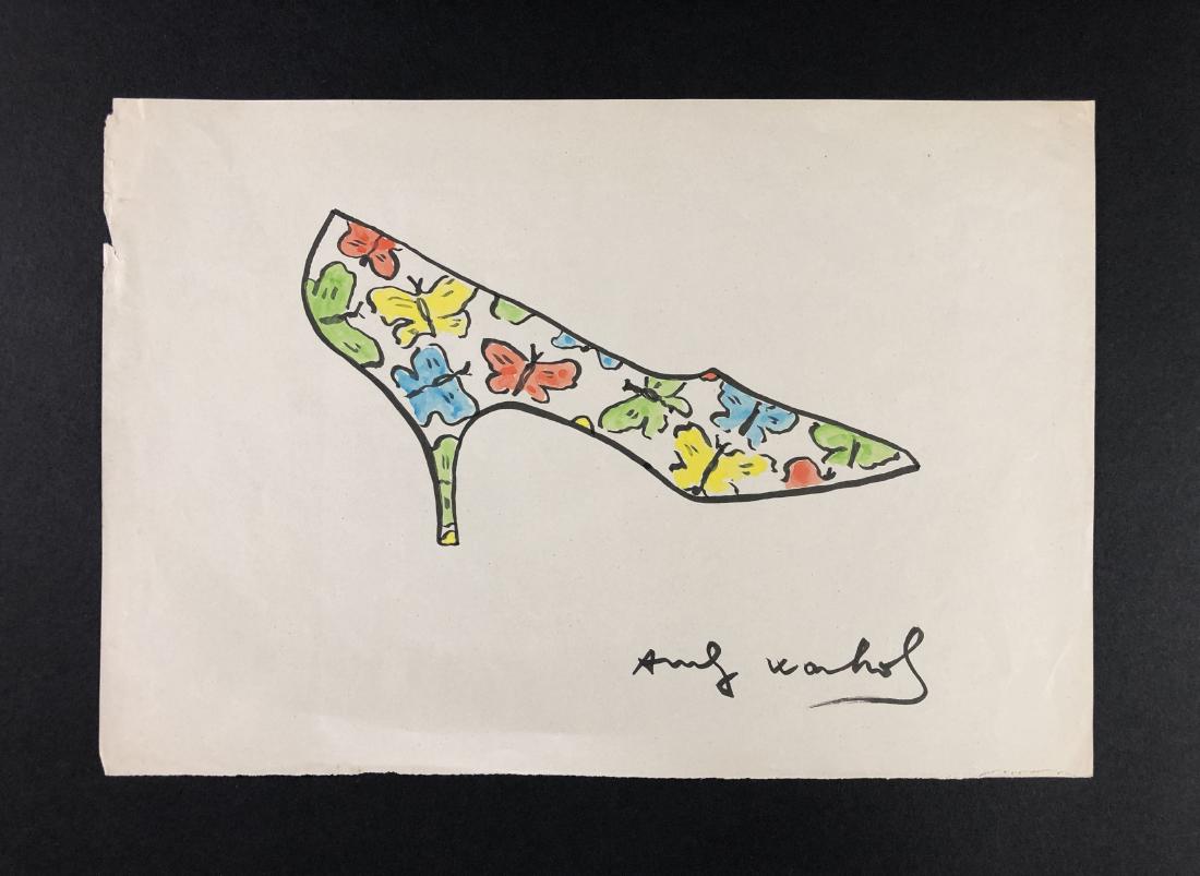 Andy Warhol (1928-1987) â€“ Mixed Media on Paper: This lot consists of a mixed media (ink and watercolor) on paper, attributed to Andy Warhol (American, 1928-1987). This Pop Art image depicts a ladies shoe with patterned with butterflies of various c