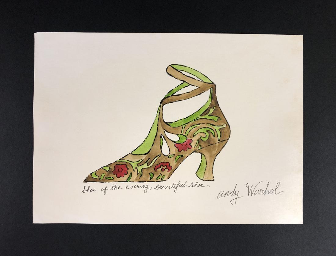 Andy Warhol (1928 - 1987) -- Mixed Media on Paper: This lot consists of a ink and watercolor on wove paper, attributed to Andy Warhol (American, 1928-1987). This image depicts An olive green ladies shoe with a pattern of green leaves and red flowers. 