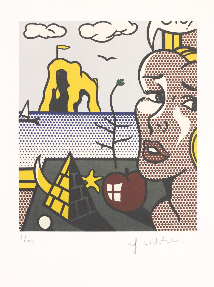 Roy Lichtenstein (1923 -1997) -- Fine Art Print: This lot consists of a fine art print on paper, attributed to Roy Lichtenstein (American, 1923-1997). "Roy Lichtenstein" and "8/100" hand written at bottom. Image depicts a blonde woman wearing a look