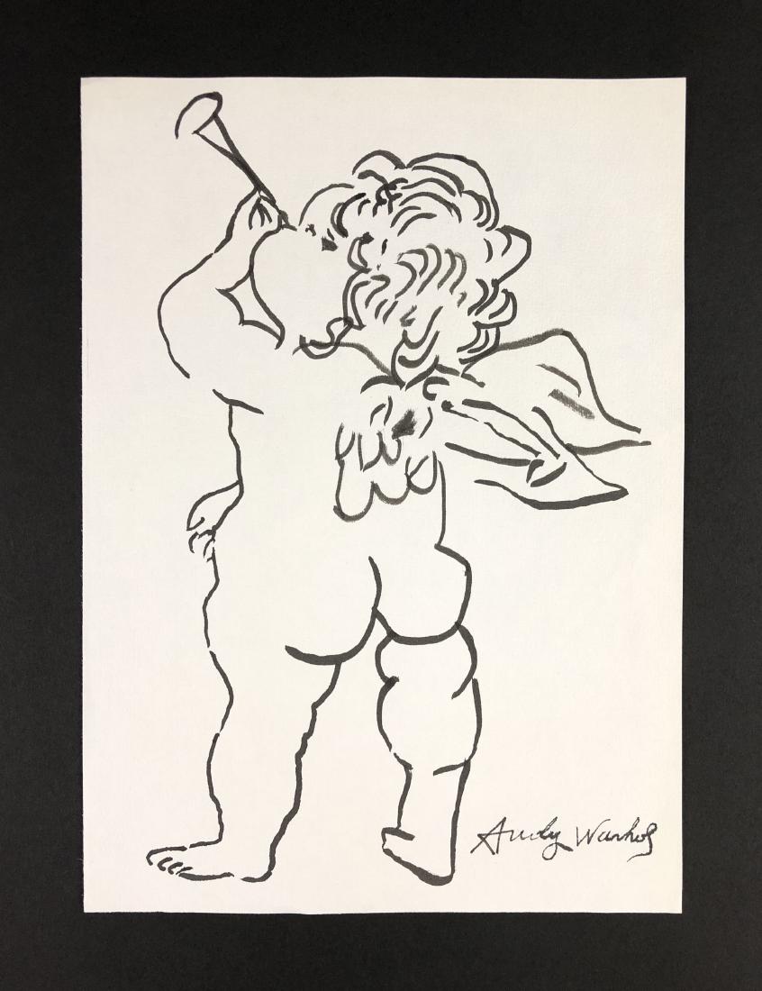 Andy Warhol (1928 -1987) -- Ink on Paper: This lot consists of a ink drawing on wove Paper, attributed to Andy Warhol (American, 1928-1987). Pop art image shows a nude, cherubic fairy from behind with his head tilted back playing a trumpet. H
