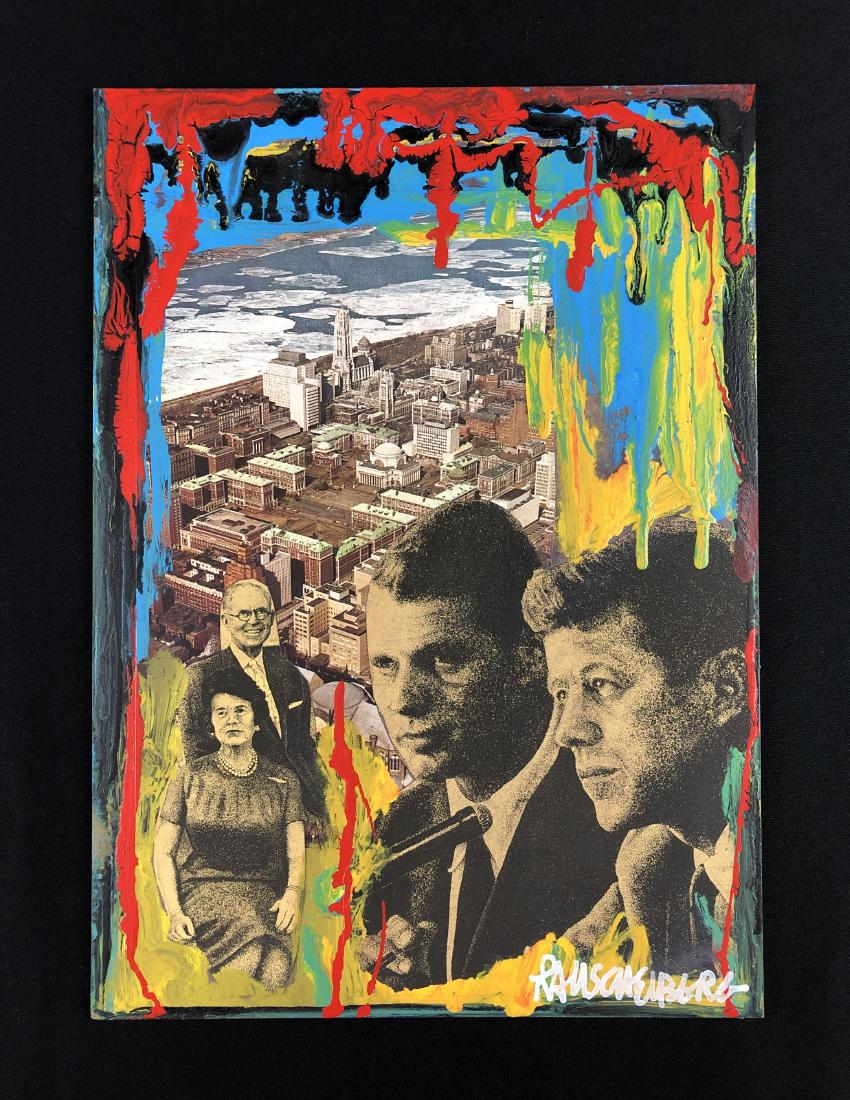 Robert Rauschenberg (1925-2008) -- Collage: This lot consists of a hand-made mixed media collage on board, attributed to Robert Rauschenberg (American, 1925-2008). "Rauschenberg" is hand written at lower right. This busy image depicts Mr. and M