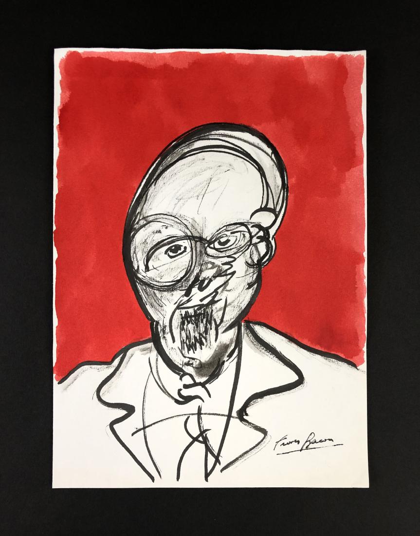 Francis Bacon (1909-1992) -- Gouache on Paper: This lot consists of a gouache on wove Paper, attributed to Francis Bacon (British, 1909-1992). Expressionist grotesque image of a clergyman in a white zucchetto cap and robe on a red background. Hand
