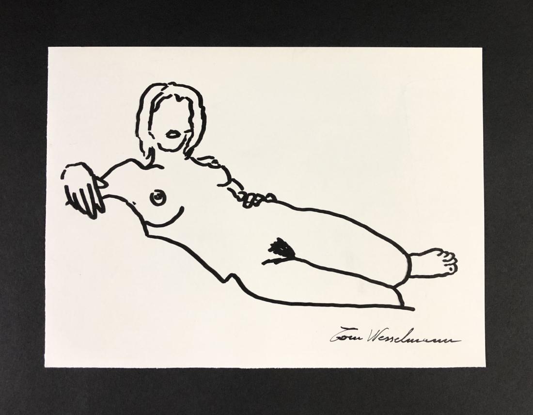 Tom Wesselmann (1931-2004) -- Ink on Paper: This lot consists of an ink drawing on cardstock paper, attributed to Tom Wesselmann (1931-2004). Pop art image of a woman, with only lips for a face, reclines across an unseen lounge. Hand inscriptio