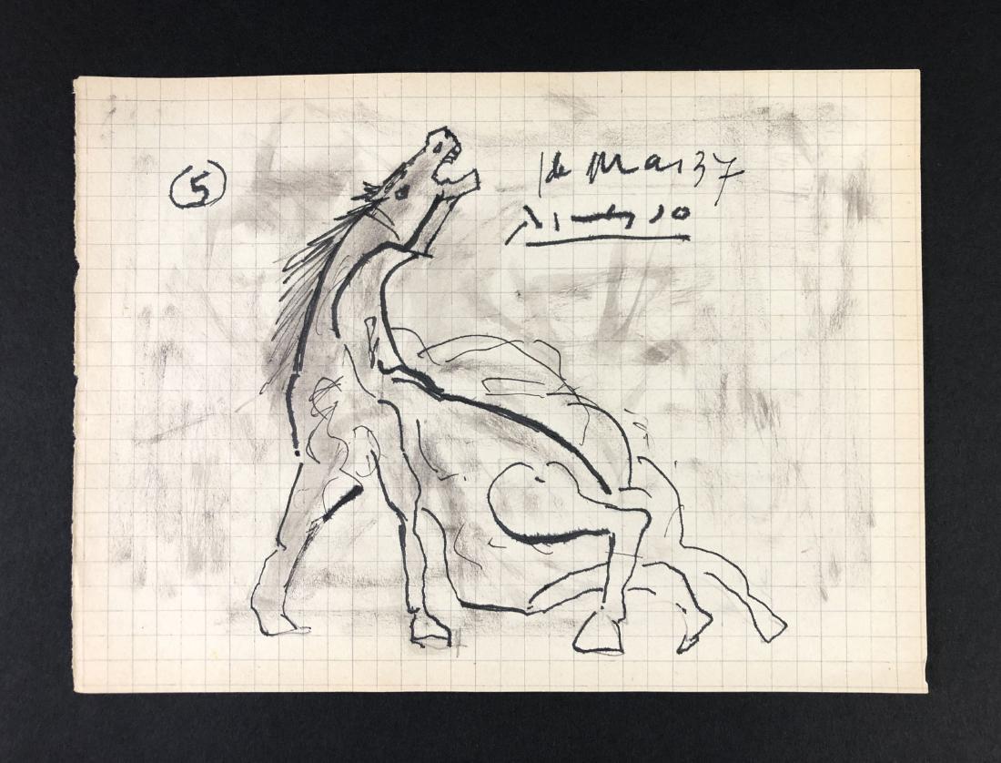Pablo Picasso (1881-1973) - Ink on Paper: This lot consists of a ink drawing on graph paper, attributed to Pablo Picasso (Spanish, 1881-1973). Cubist image depicts horse with its head thrown back in agony, struggles to get to its feet, back l