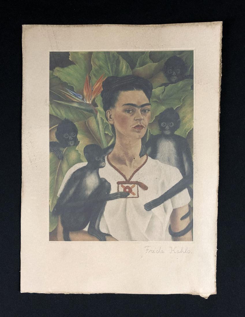 Frida Kahlo (Mexican, 1907-1954) -- Fine Art Print: This lot consists of a fine art print on paper, attributed to Frida Kahlo (1907-1954). "Frida Kahlo" is hand written in graphite at bottom of composition. Image depicts a subject whose face is full of