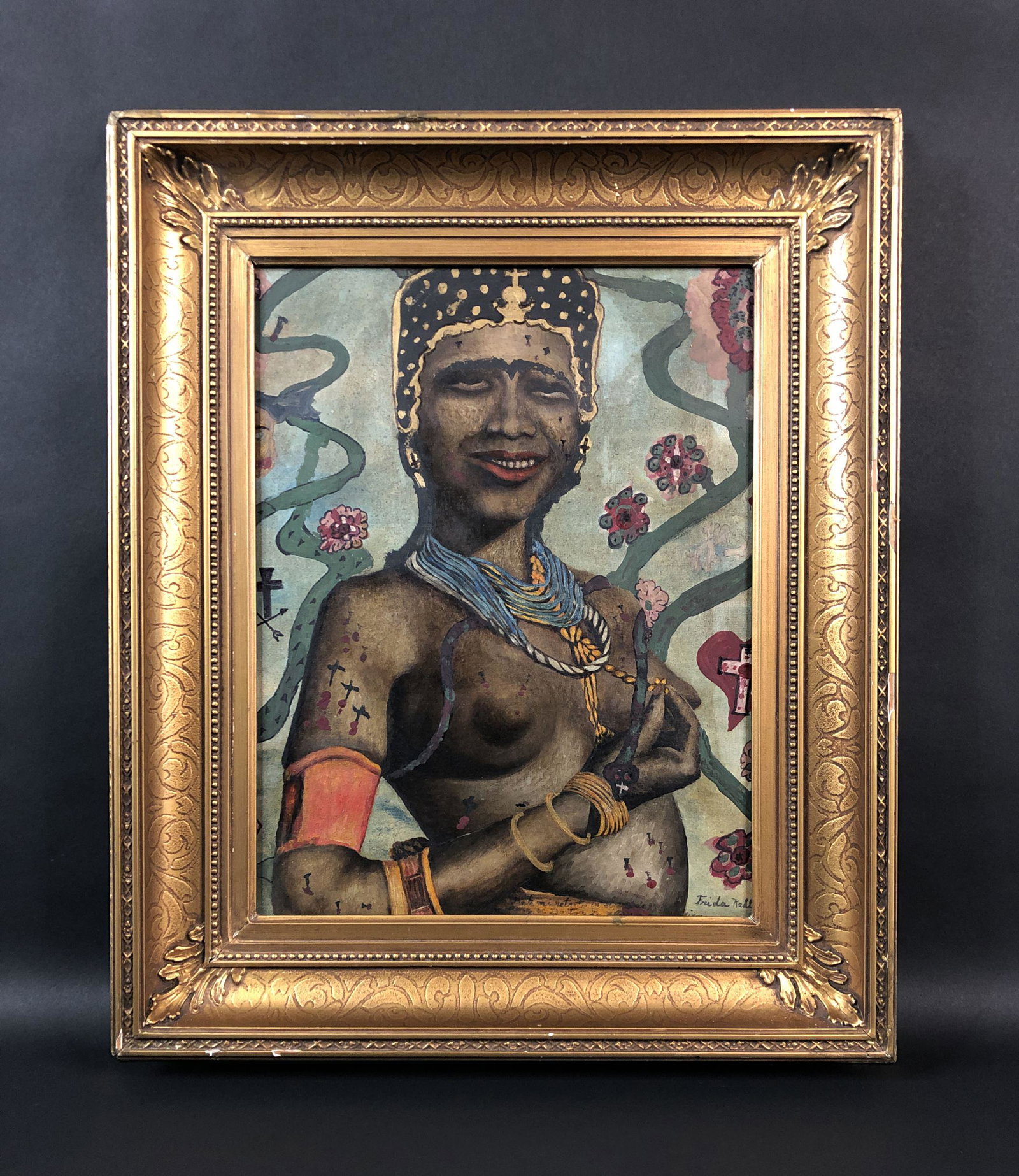 Frida Kahlo (1907-1954) - Mixed Media Painting: This lot consists of a mixed media (oil and gouache/watercolor) on what appears to be canvas or canvas board. Painting is done in the modern style of artist Frida Kahlo (Mexican, 1907-1954). "Frida Ka