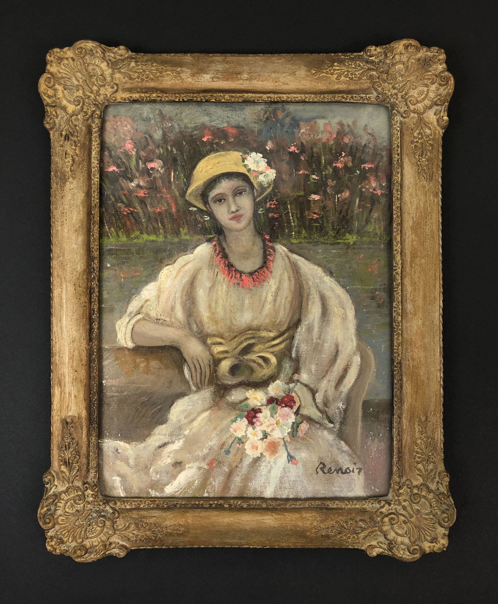 Auguste Renoir (1841 - 1919) - Oil on Board: This lot consists of an oil painting on board, done in the painterly, Impressionist style of Pierre-Auguste Renoir (French, 1841-1919). Image depicts an attractive woman in white, sporting a brilliant