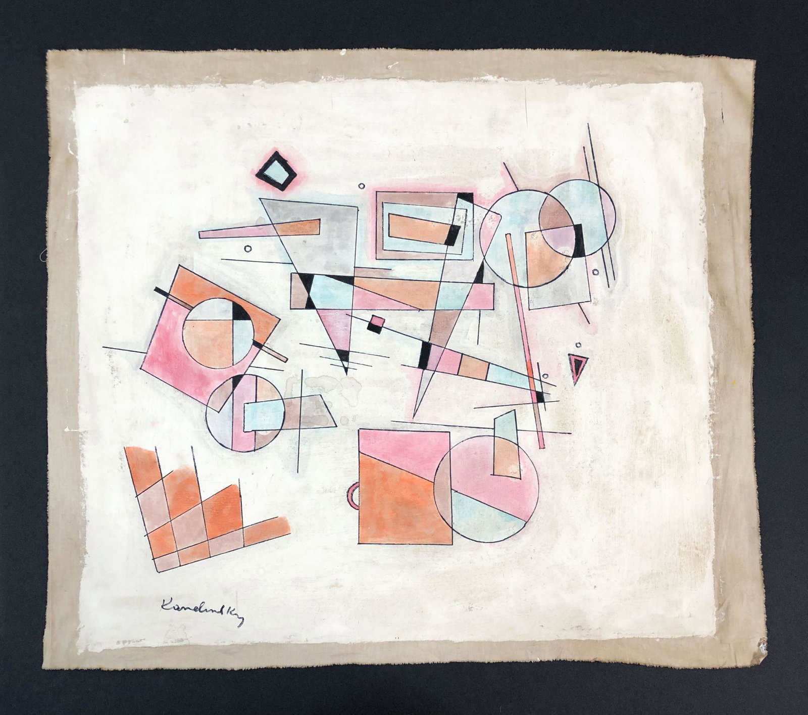 Wassily Kandinsky (1866-1944) -- Oil on Canvas: This lot consists of an oil on unstretched gessoed canvas, rendered in the abstract expressionist style of modern artist Wassily Kandinsky (Russian, 1866 -1944). "Kandinsky" is hand written at bottom 