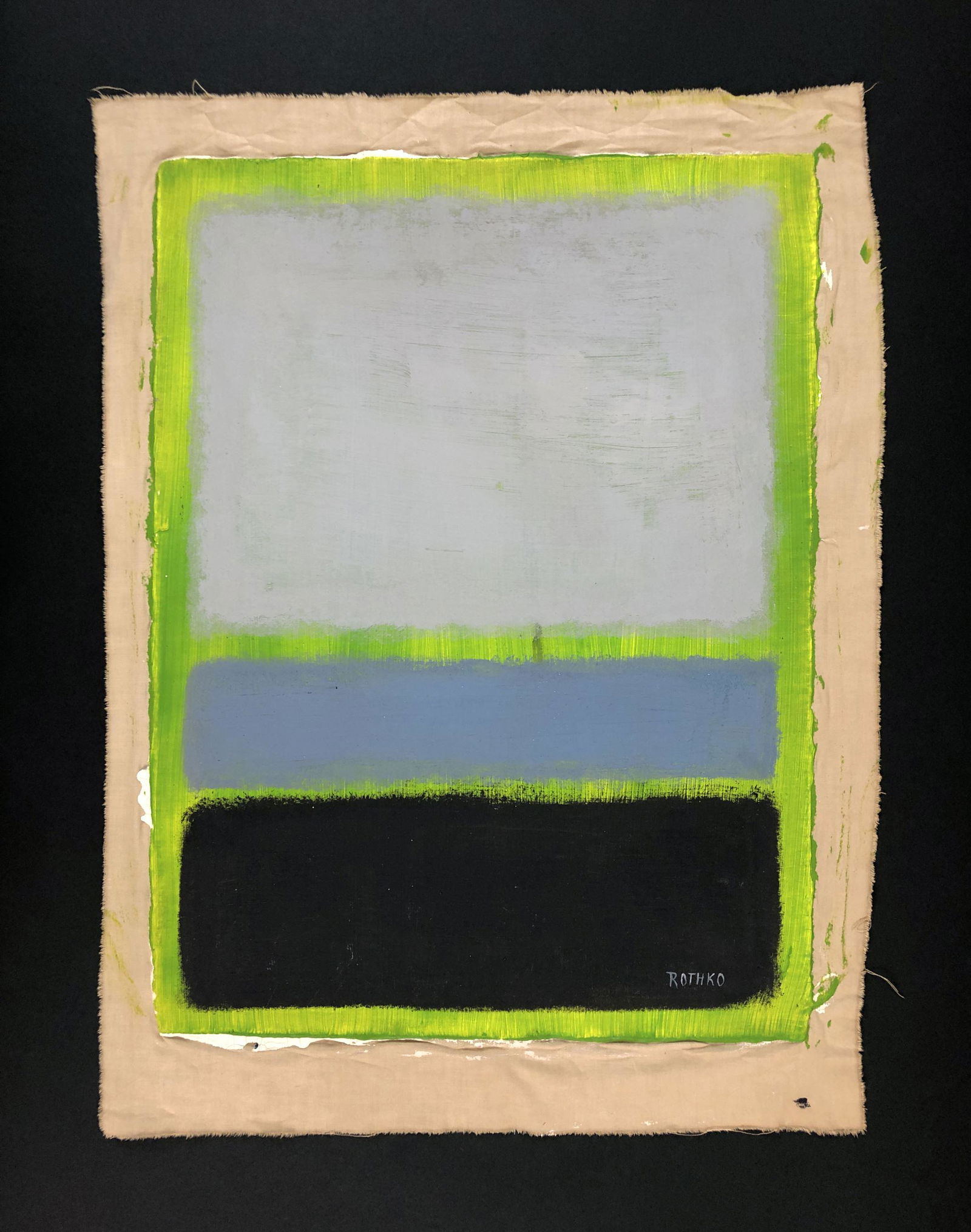 Mark Rothko (American, 1903 -1970) -- Oil Painting: This lot consists of a hand-painted oil on unstretched gessoed canvas, done in the style of modern artist Mark Rothko (American, 1903-1970). "ROTHKO" is hand-written at bottom right. This bold, color-