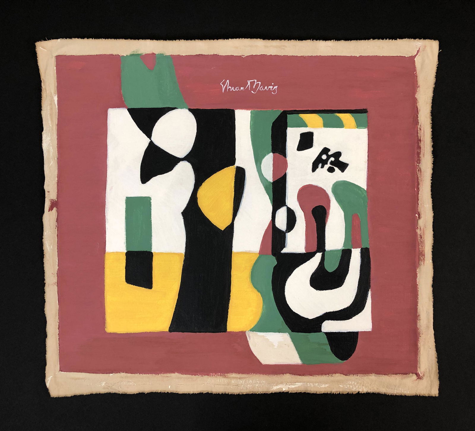 Stuart Davis (American, 1892-1964) -- Oil on Canvas: This lot consists of an oil painting on gessoed canvas, done in the abstract style of modernist painter Stuart Davis (American, 1892-1964). "Stuart Davis" is hand written at top center. Painting is fi