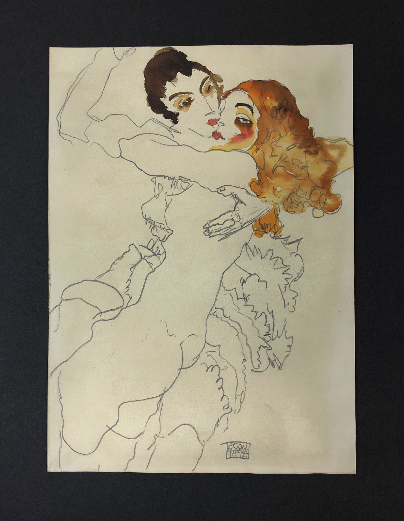 Egon Schiele (1890 - 1918) - Mixed Media on Paper: This lot consists of a watercolor and graphite illustration on paper, done in the sensual, Art Nouveau style of Egon Schiele (Austrian, 1890-1918). "Egon Schiele 1915" is inscribed in graphite at bott