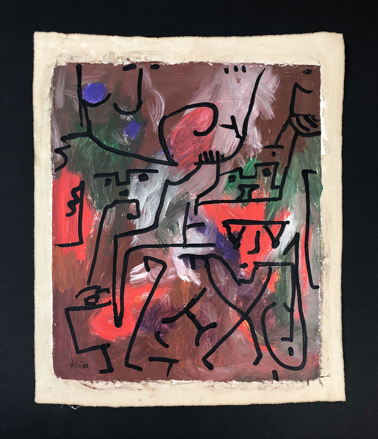 Paul Klee (German, 1879-1940) -- Oil on Canvas: This lot consists of a hand executed oil painting on unstretched gessoed canvas, done in the abstract style of surrealist painter Paul Klee (German, 1879-1940). "Klee" is hand written at bottom left.
