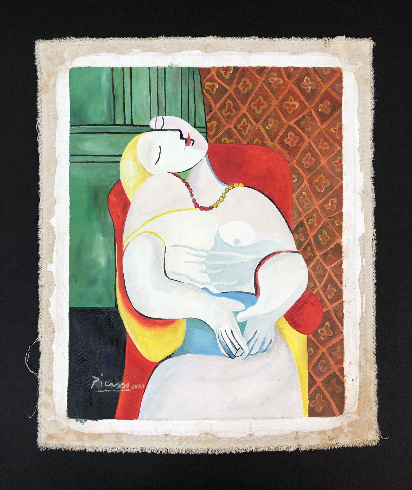 Pablo Picasso (1881 - 1973) - Oil on Canvas: This lot consists of an unframed oil painting on unstretched gessoed canvas, rendered in the Synthetic Cubism style of Pablo Picasso (Spanish, 1881-1973). A hand-painted inscription at lower left read