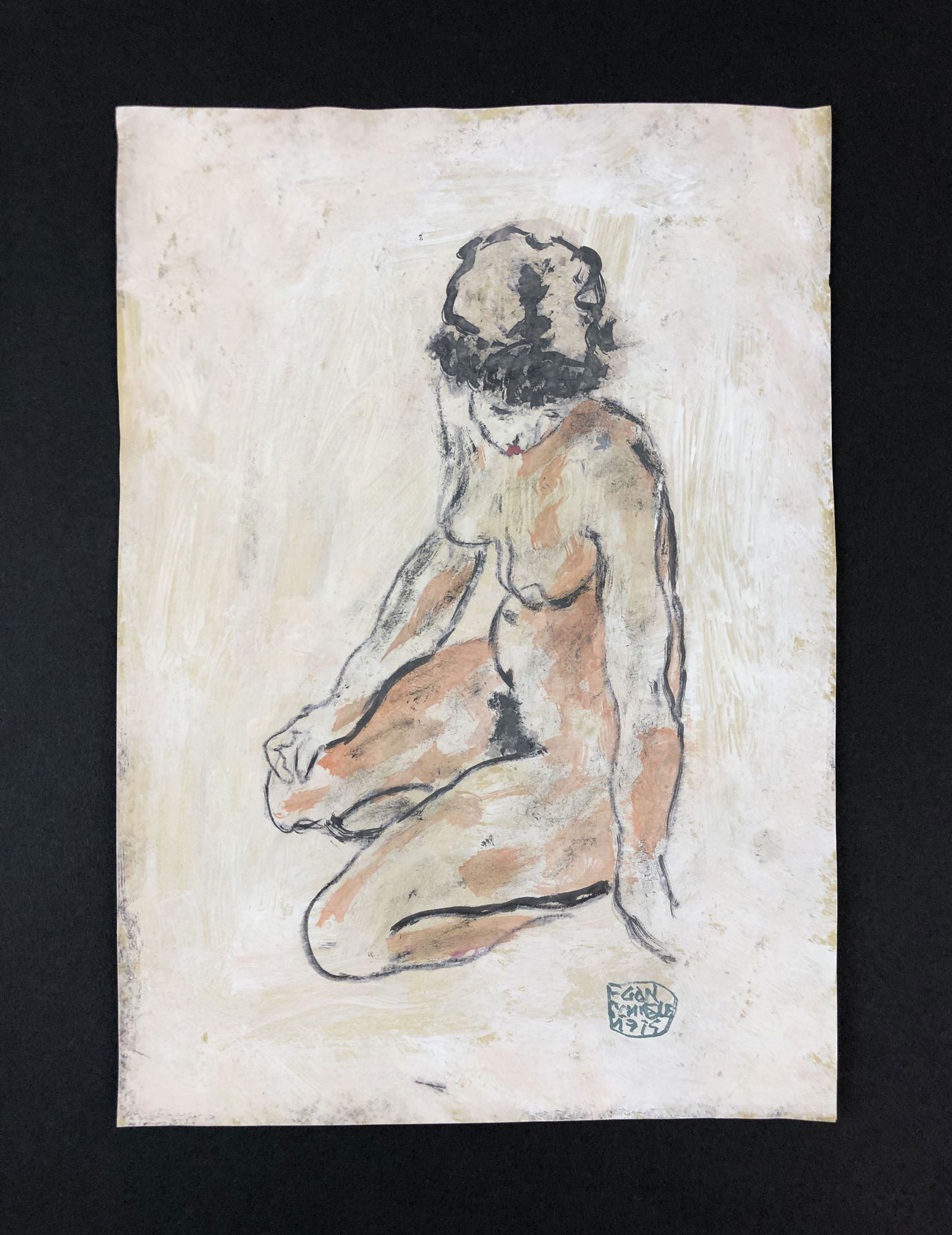 Egon Schiele (1890 - 1918) - Gouache on Paper: This lot consists of a gouache illustration on paper, done in the sensual, Art Nouveau style of Egon Schiele (Austrian, 1890-1918). "Egon Schiele 1915" is inscribed at bottom left. Image depicts a nud