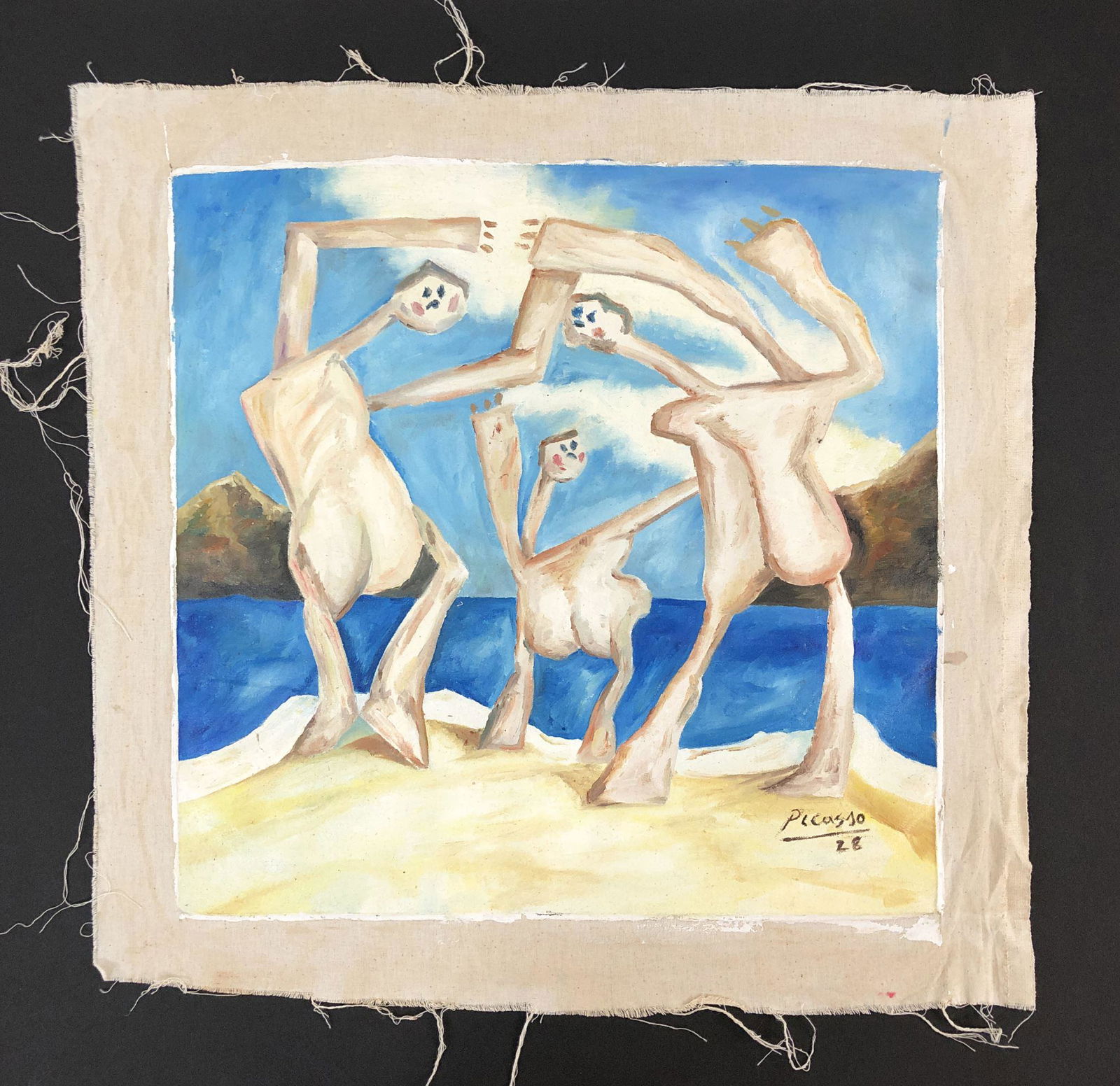 Pablo Picasso (1881 - 1973) - Oil on Canvas: This lot consists of an unframed oil painting on unstretched gessoed canvas, rendered in the Synthetic Cubism style of Pablo Picasso (Spanish, 1881-1973). A hand-painted inscription at lower right rea