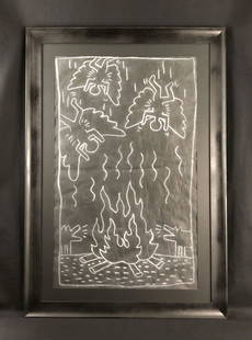 Keith Haring (1958 -1990) - Large Subway Drawing: This lot consists of a large white chalk on black paper Subway Drawing. This simple yet powerful linear depiction is executed in the contemporary, street art style of Keith Haring (American, 1958-1990