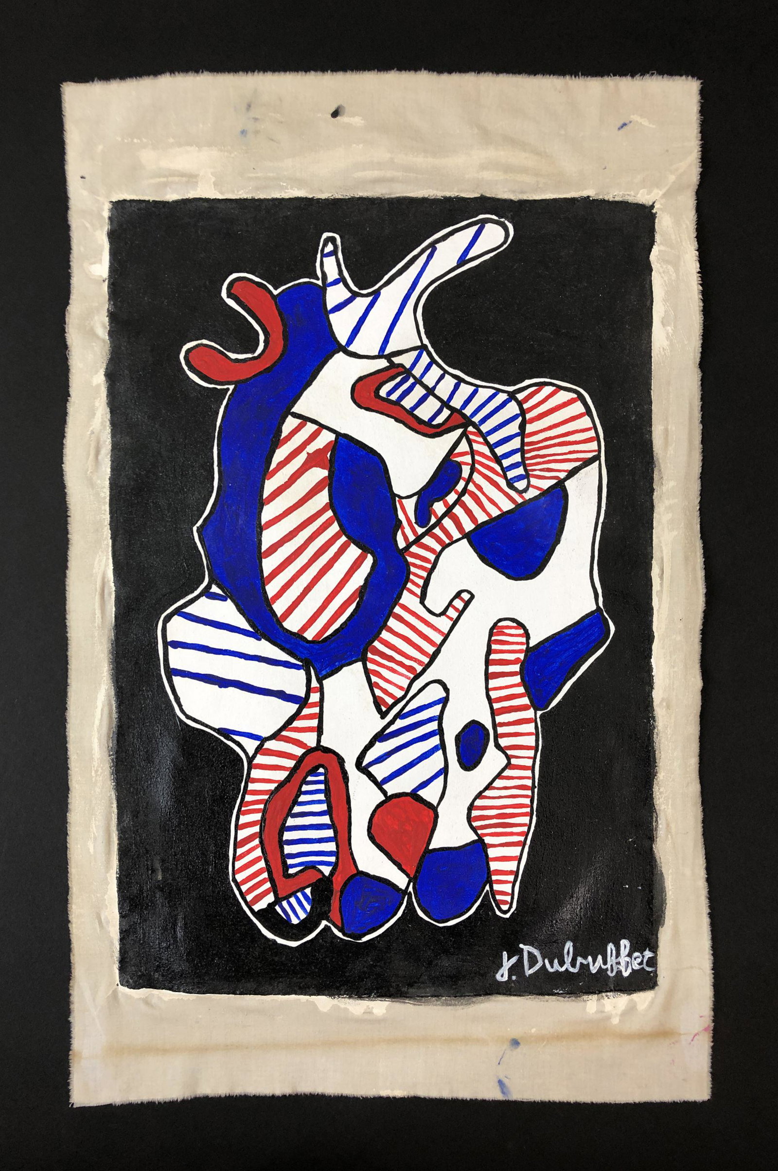 Jean Dubuffet (French, 1901-1985) - Oil on Canvas: This lot consists of an oil painting on unstretched gessoed canvas, rendered in the abstract style of modern artist Jean Dubuffet (French, 1901-1985). "J. Dubuffet" is hand written at bottom right of 