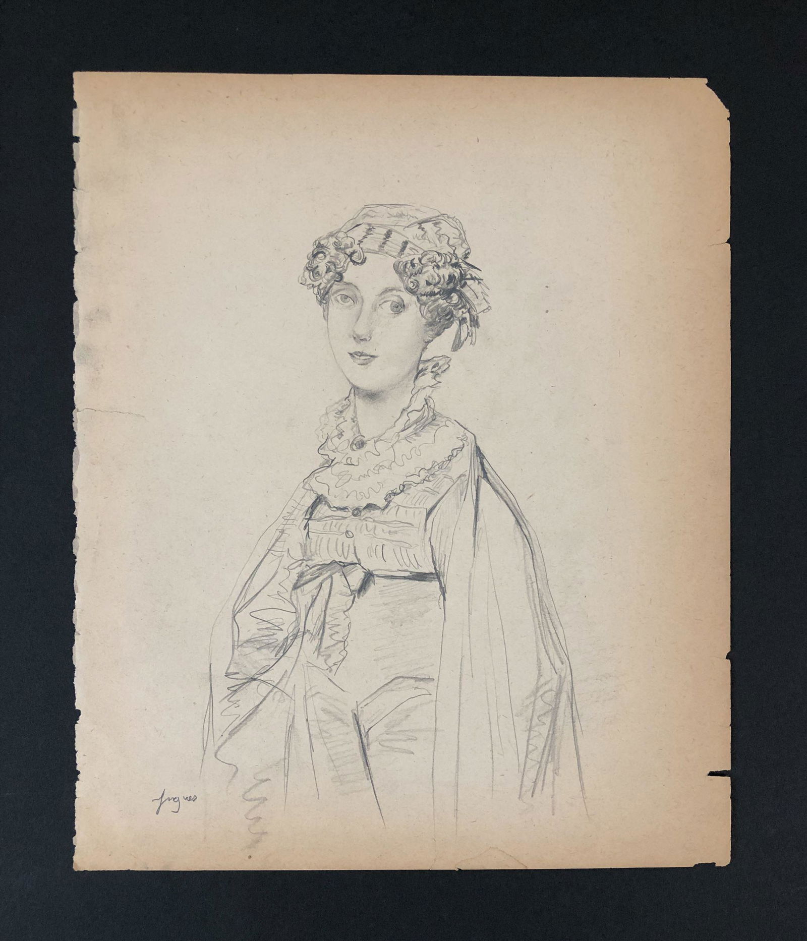 Jean-Auguste-Dominique Ingres (1780 - 1867): This lot consists of a graphite drawing on paper, done in the neoclassical style of painter Jean-Auguste-Dominique Ingres (French, 1780 - 1867). "Ingres" is hand written at bottom left of composition.