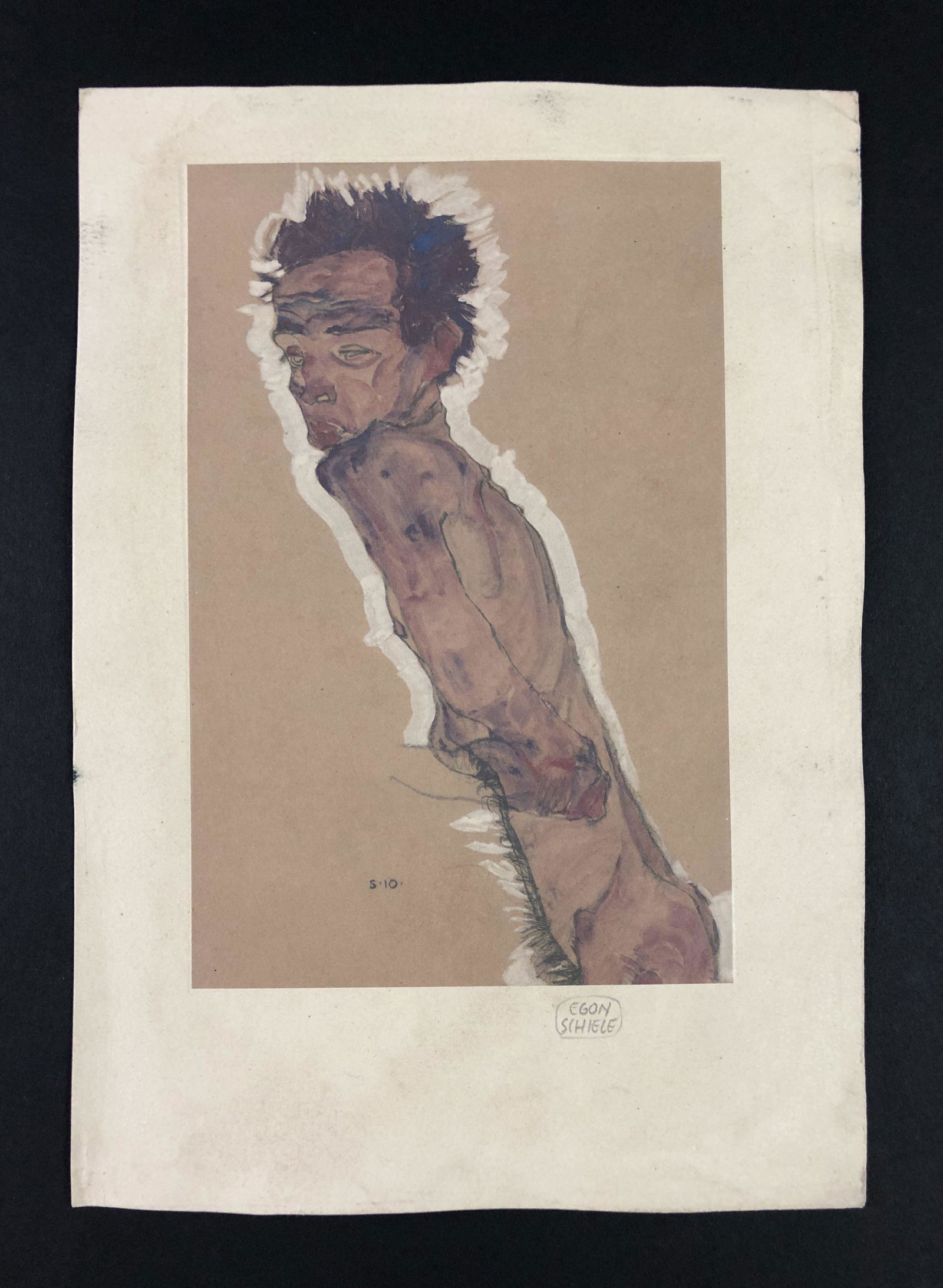 Egon Schiele (1890-1918) - Fine Art Print on Paper: This lot consists of a fine art print on paper, executed in the syyle of Egon Schiele (Austrian, 1890-1918). Hand inscription in graphite at bottom reads, "Egon Schiele". This Expressionist image depi